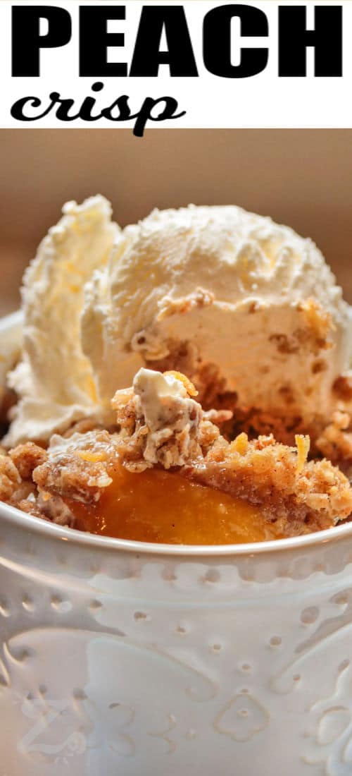 Peach Crisp with ice cream and a title