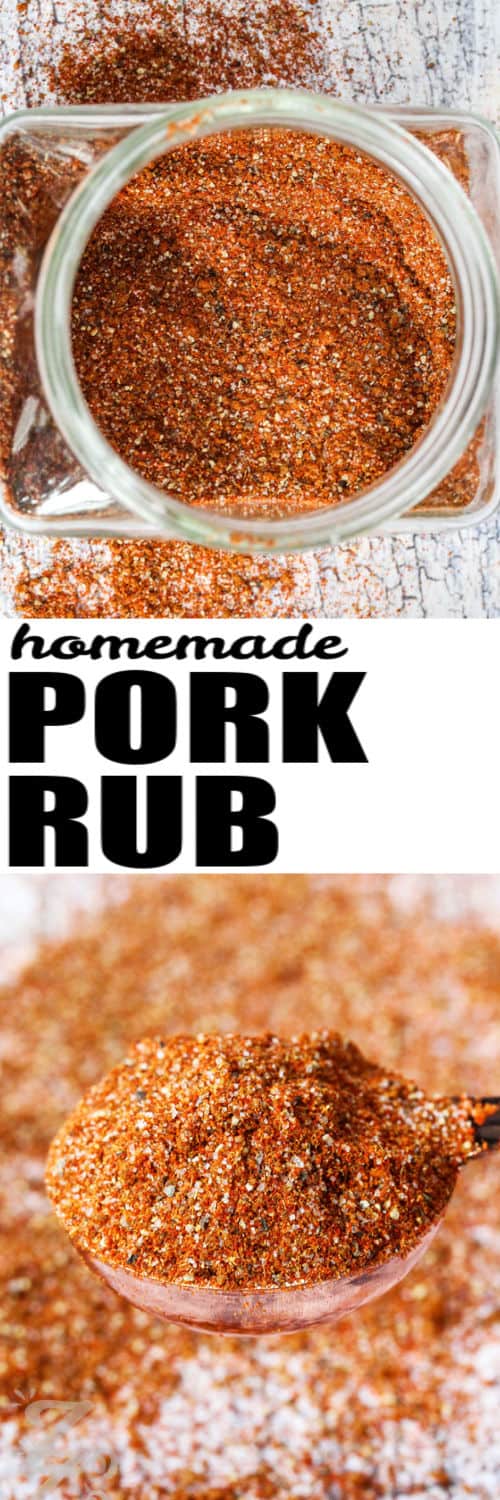 Pork Rub in a jar and on a spoon with a title