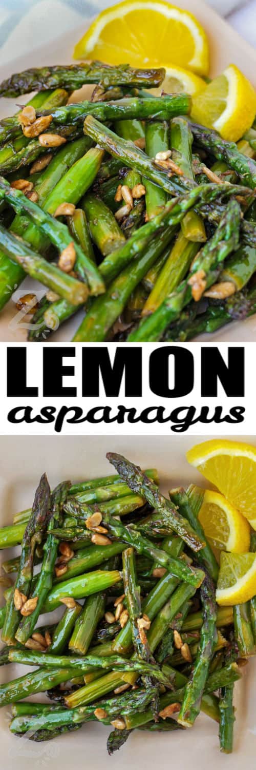 lemon Sauteed Asparagus on a plate and close up with a title