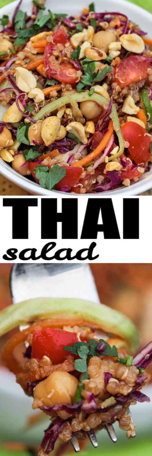 Thai Quinoa Salad in a bowl and on a fork with a title