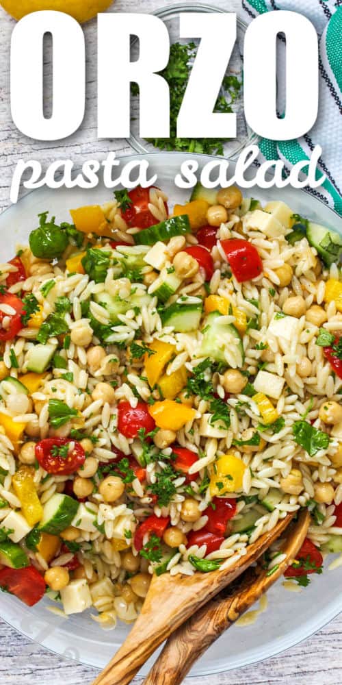 bowl of lemon Orzo Pasta Salad with a title