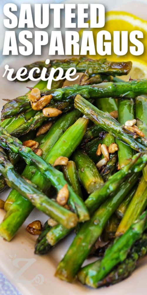 Sauteed Asparagus with sunflower seeds and writing