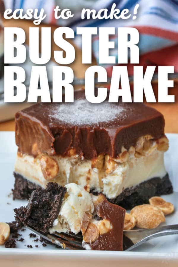 Buster Bar Ice Cream Cake with a bite taken out on a fork with writing