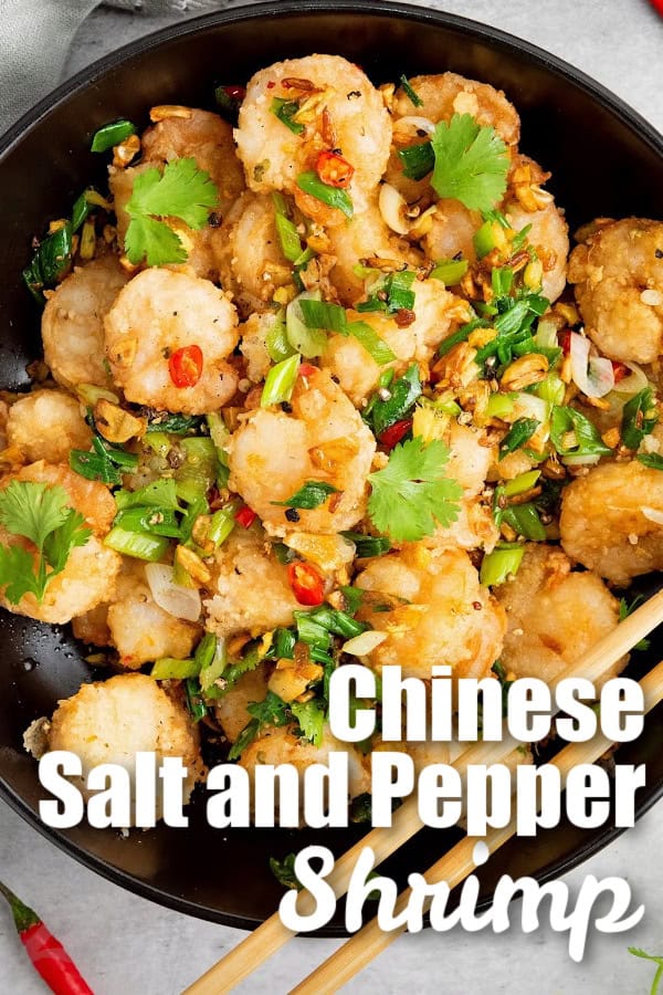 Chinese salt and pepper shrimp in a bowl with a title