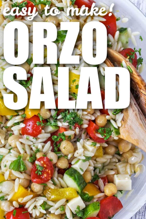 easy to make Orzo Pasta Salad wotj writing