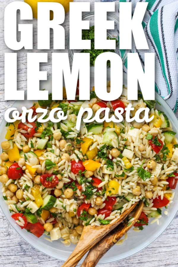 greek lemon Orzo Pasta Salad with writing