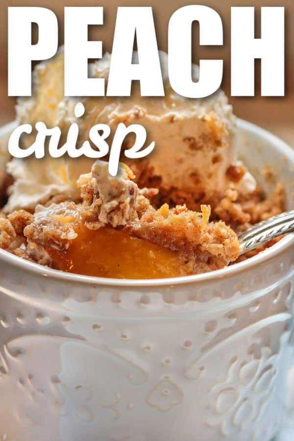close up of Peach Crisp in a dish with a title