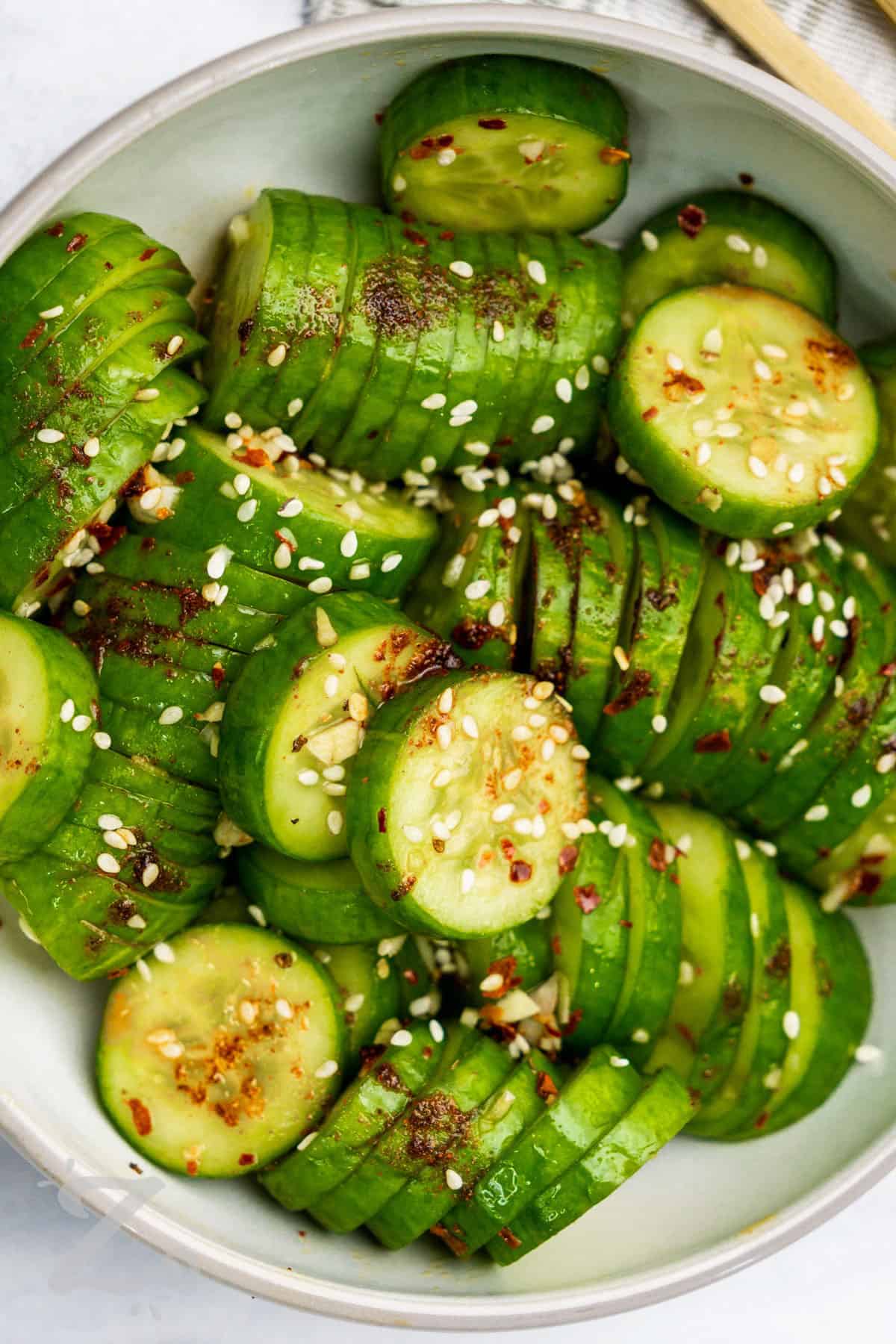 easy Korean Cucumber Salad in a bowl