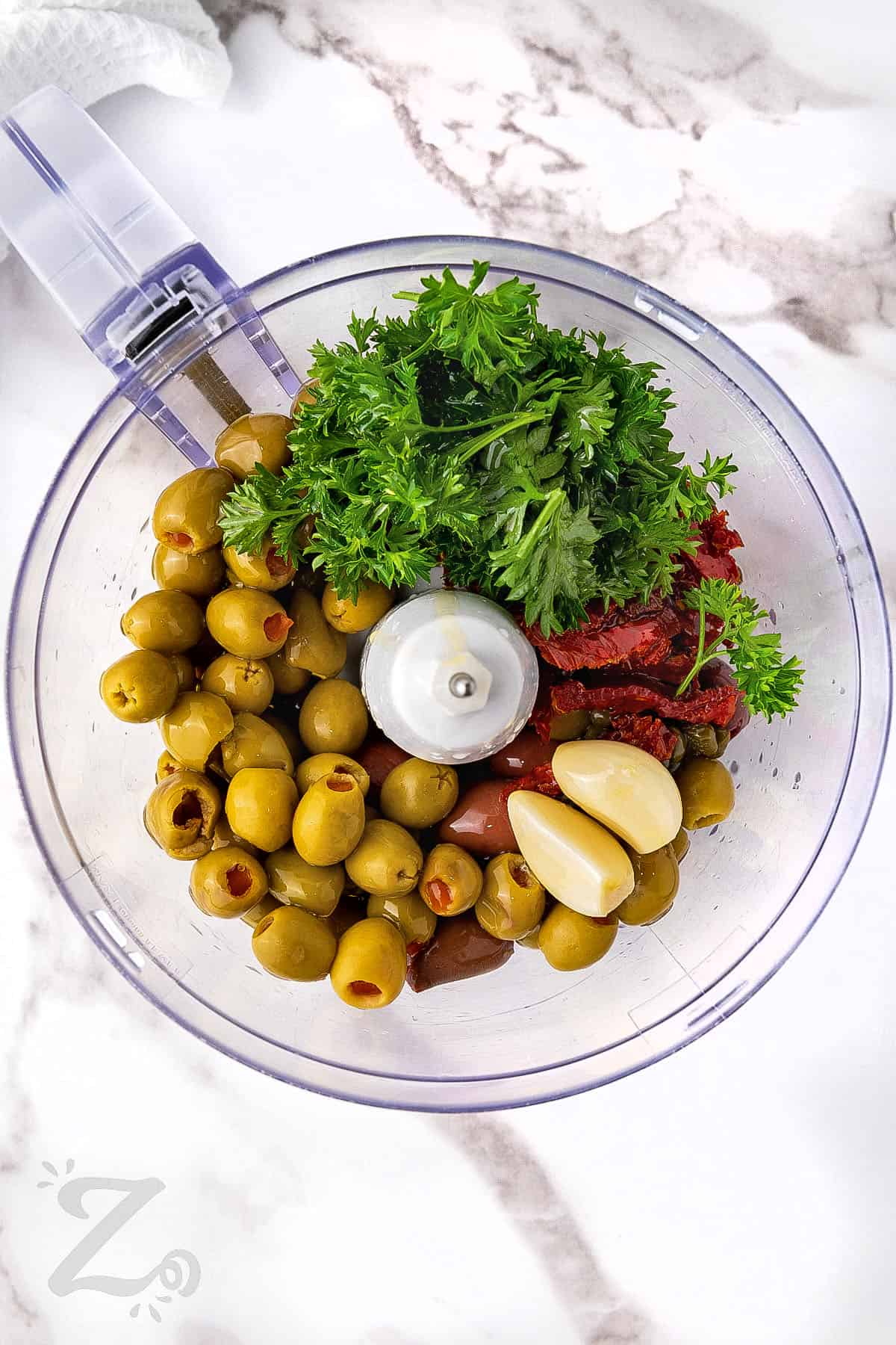 Olive Tapenade ingredients in a food processor