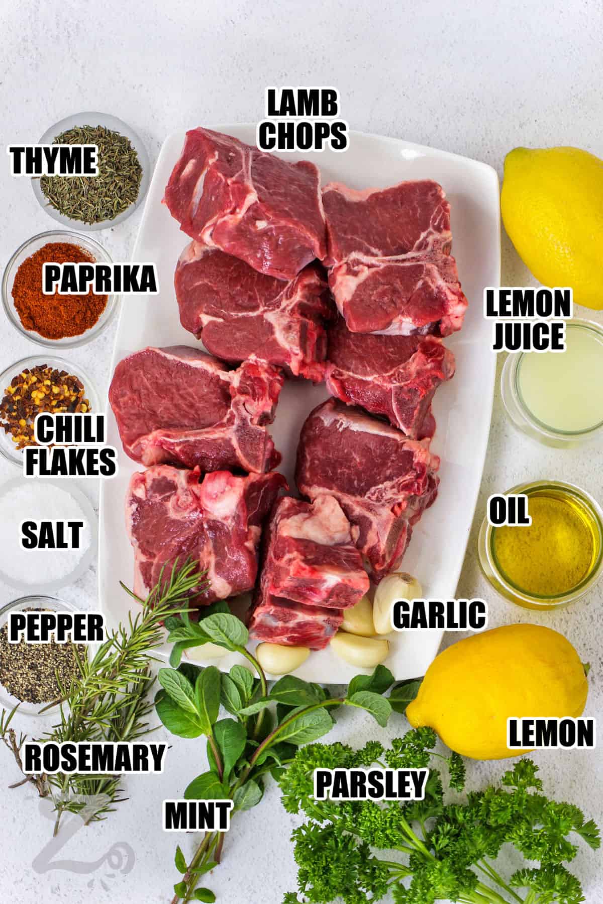 lamb chops , lemon juice , oil , garlic , lemon , parsley , mint , rosemary , pepper , salt , chili flakes , paprika , and thyme with labels to make Grilled Lamb Chops