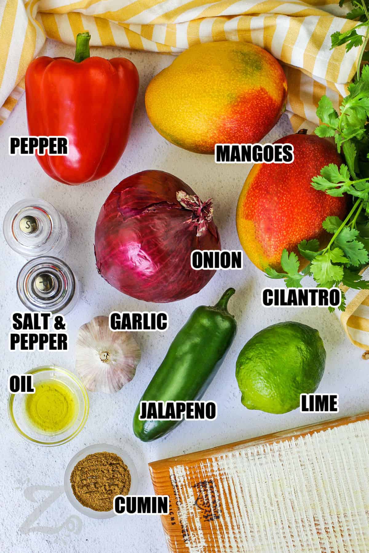 pepper , mangoes , onion , cilantro , lime , garlic , jalapeno , cumin , oil , salt and pepper with labels to make Mango Salsa