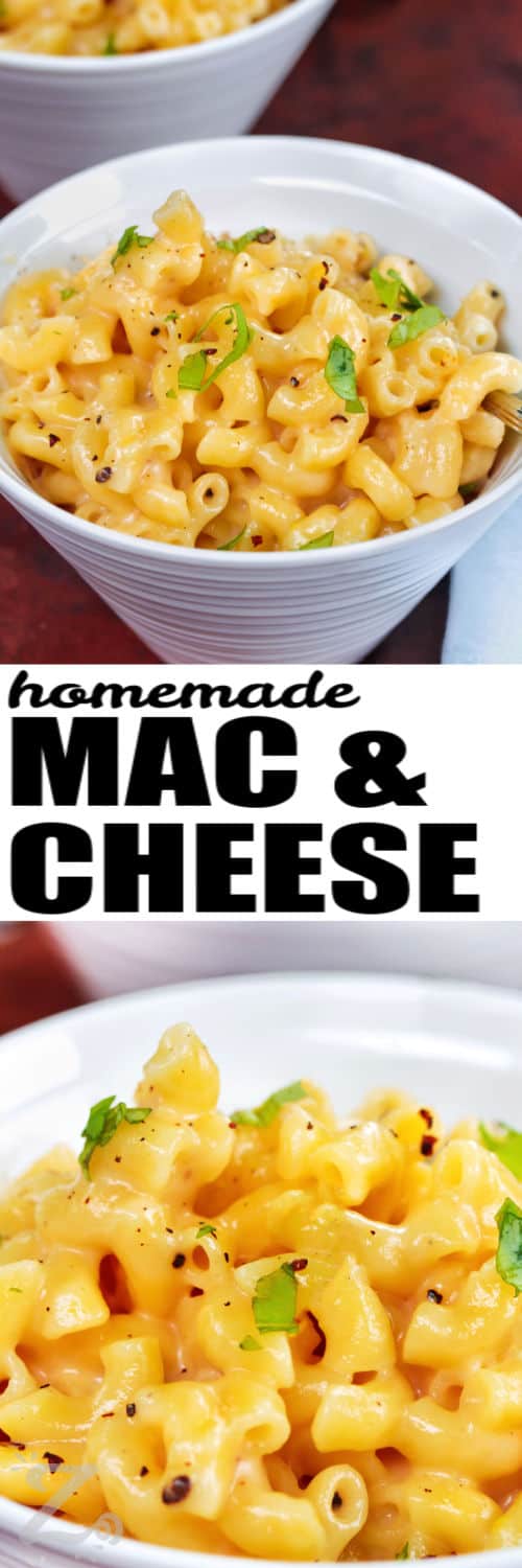 Creamy Mac and Cheese in a bowl and close up with a title