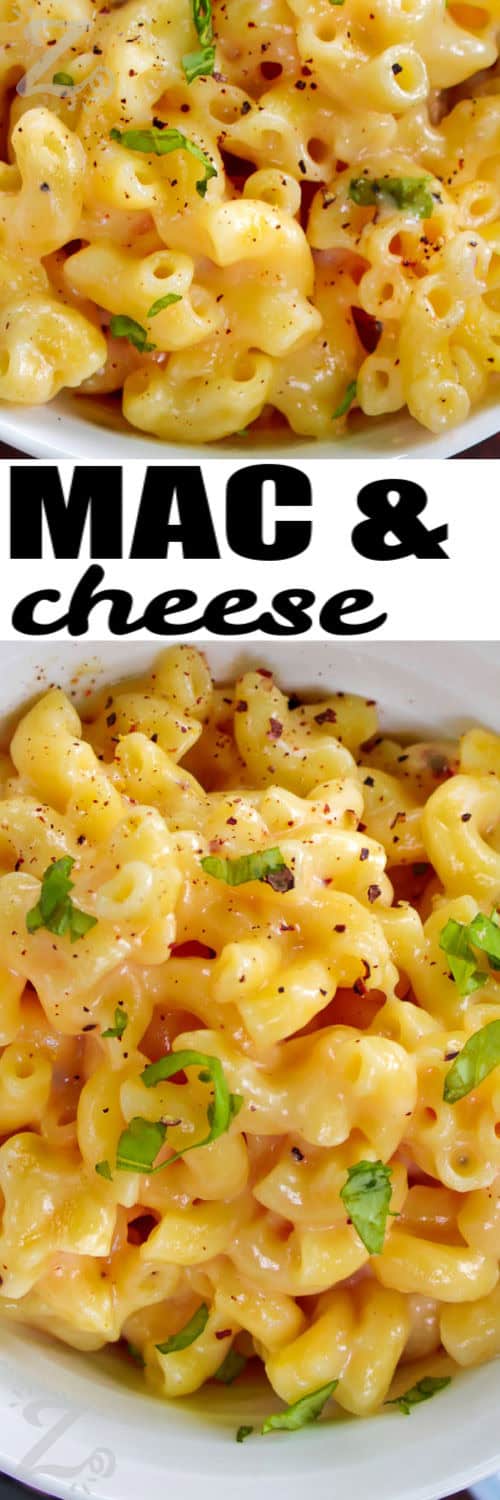 bowls of Creamy Mac and Cheese with a title
