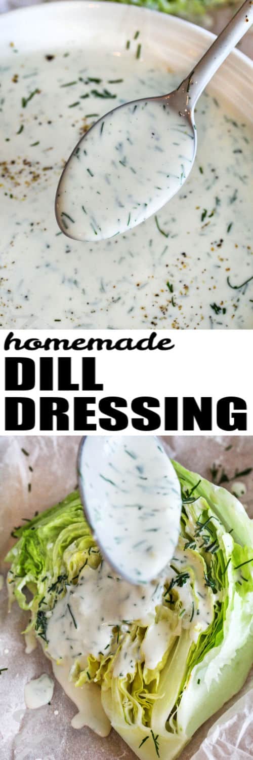 Dill Dressing in a bowl and on lettuce with a title