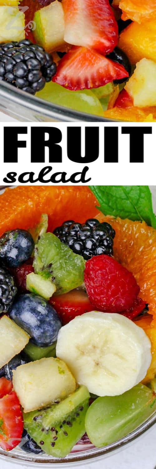 a clear bowl holds a single serving of this recipe for fruit salad with a large clear bowl on the side, with a title