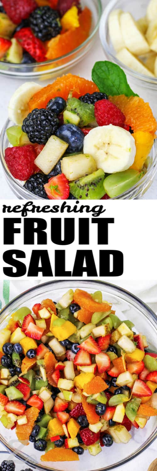 a clear bowl holding a single serving of this easy recipe for fruit salad, and a bowl filled with fruit salad under the title