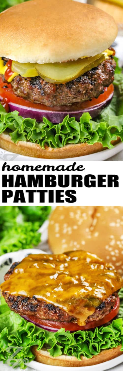 Hamburger Patties on a bun with and without cheese and a title