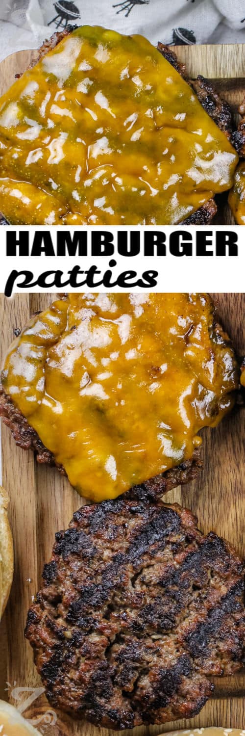 cooked Hamburger Patties with and without cheese with a title