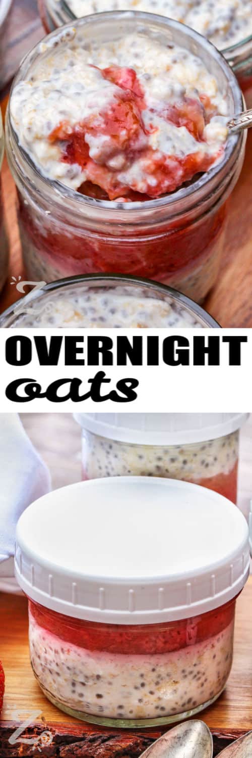 jar of Overnight Oats with a lid and one with a spoon with a title