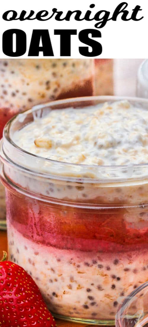 close up of strawberry rhubard Overnight Oats with a title