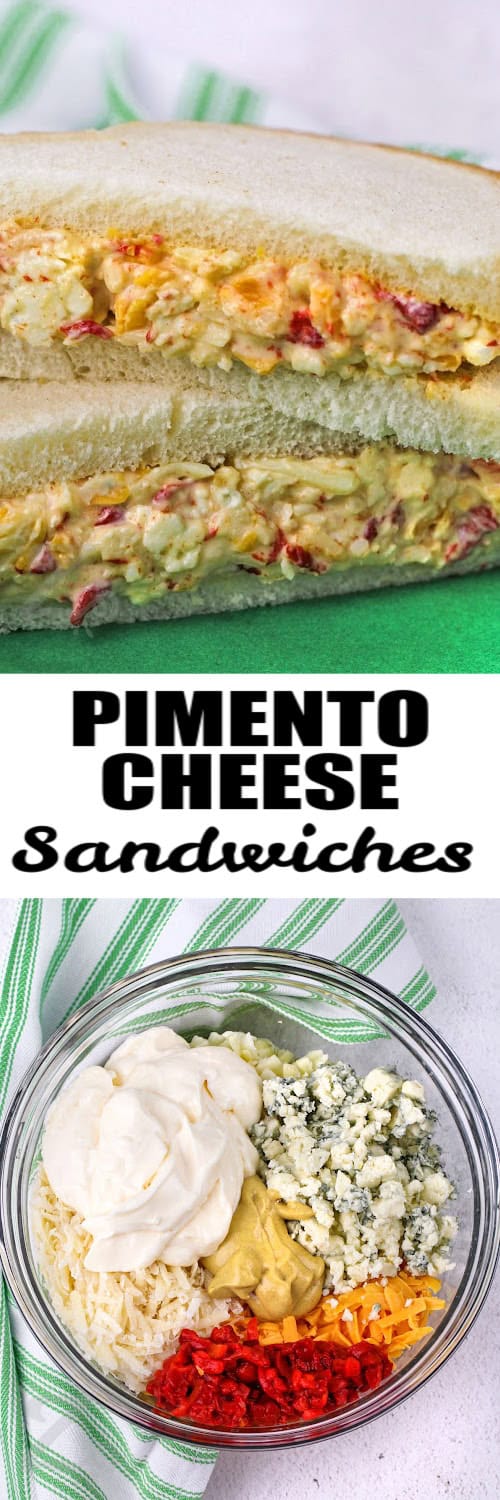 top image - pimento cheese sandwich halves stacked. Bottom image - pimento cheese mixture with text