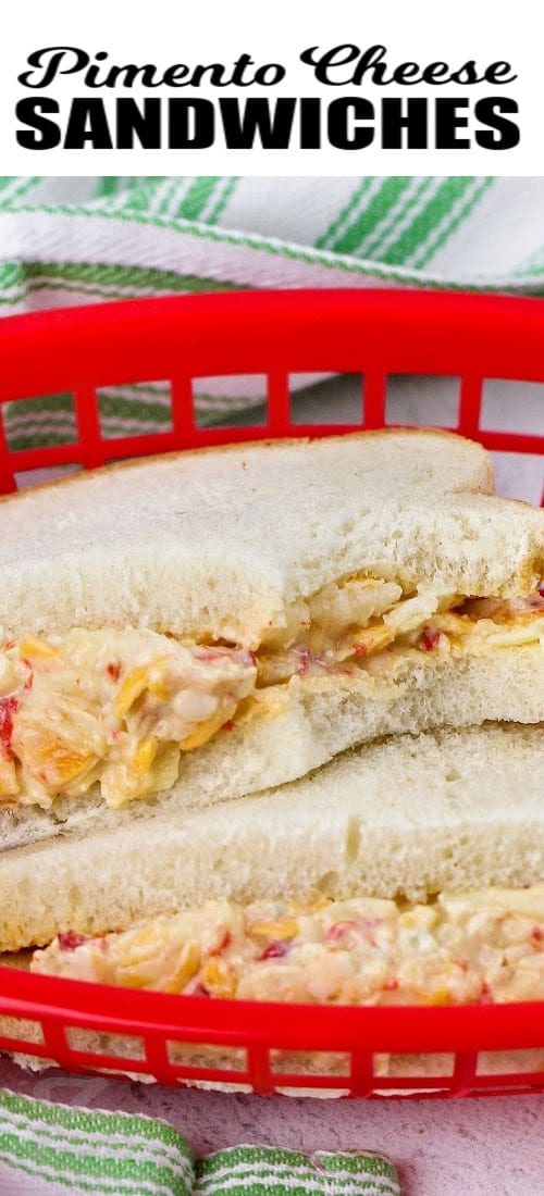 A prepared pimento cheese sandwich in a basket with text