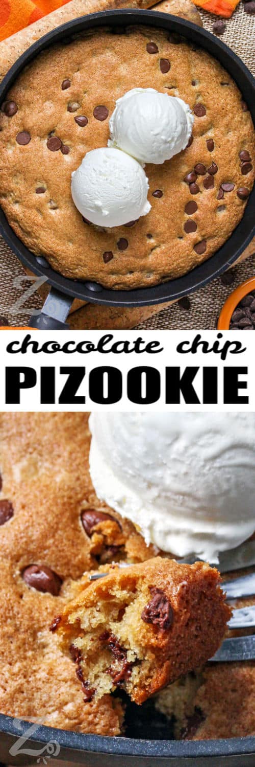 Pizookie in the pan and close up of a piece with writing