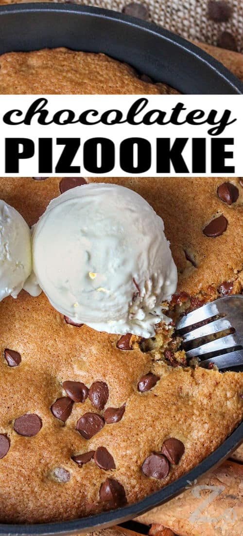 chocolatey Pizookie in the pan with writing