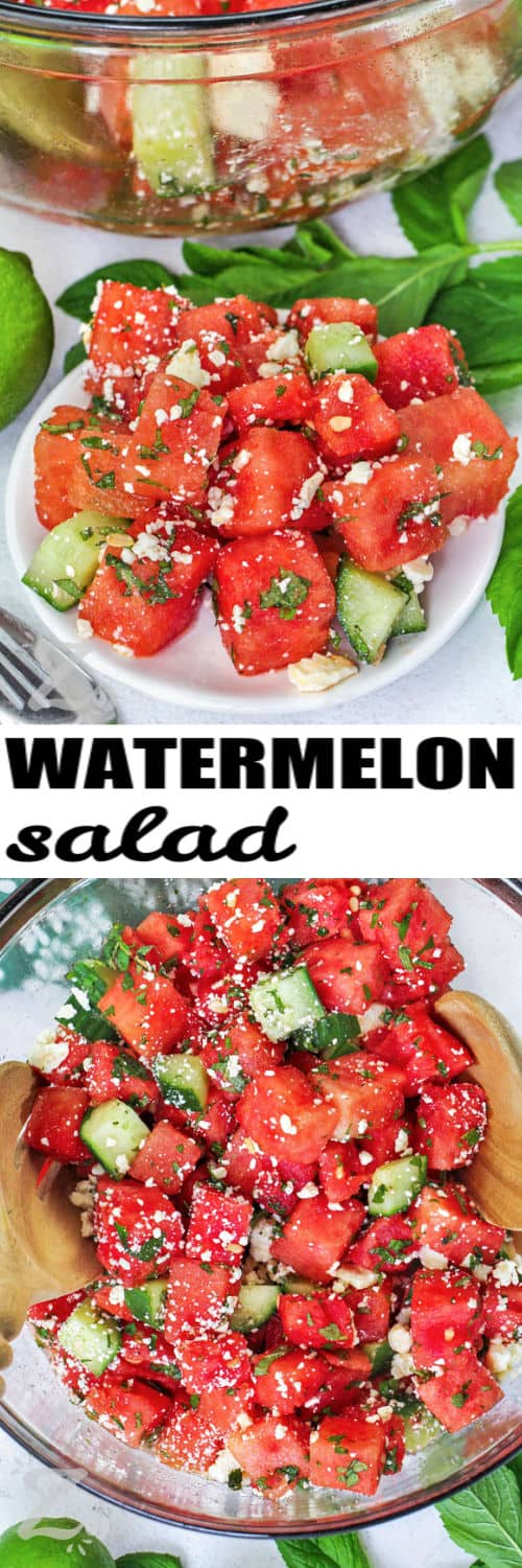 Watermelon Salad in a bowl and on a plate with a title