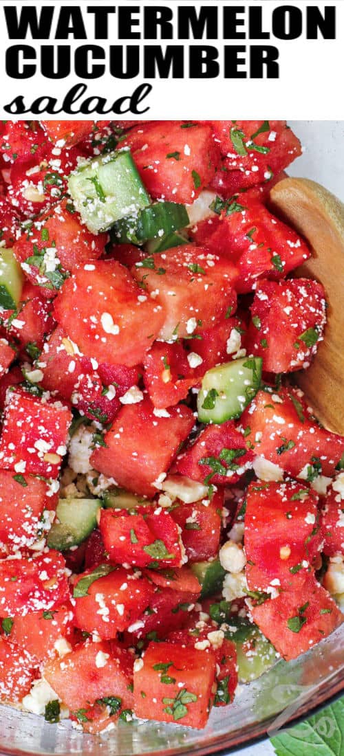 close up of Watermelon Salad in a bowl with writing
