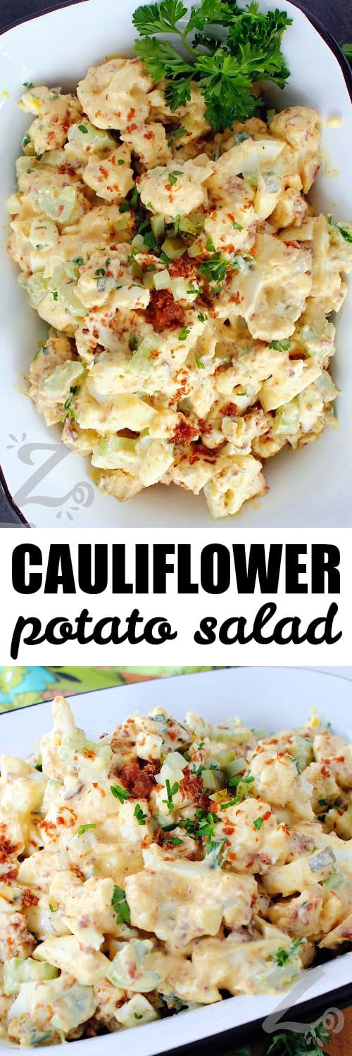 cauliflower potato salad in a white rectangular dish, garnished with parsley, and close up of cauliflower potato salad under the title
