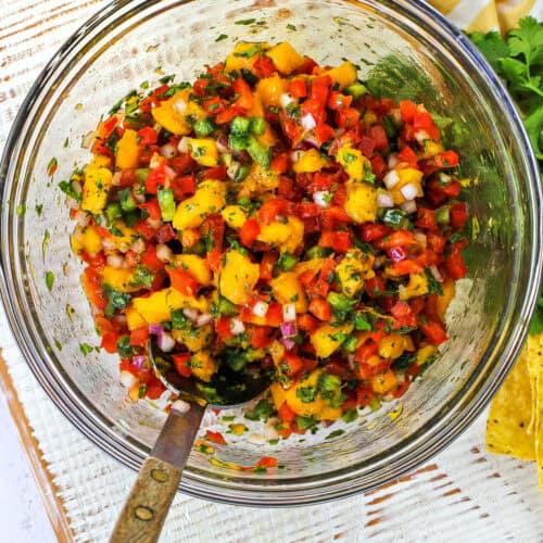 mixed ingredients in a bowl to make Mango Salsa