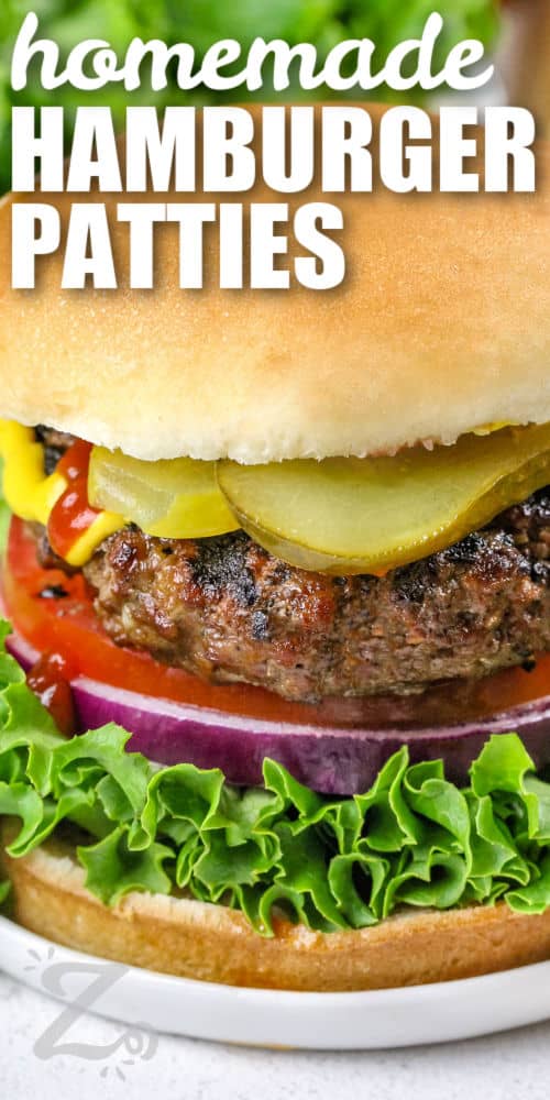 easy to make Hamburger Patties in a hamburger bun with a title