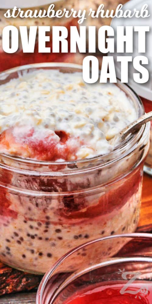 jars of Overnight Oats with a spoon taking out a portion with writing