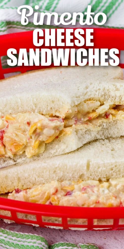 A prepared pimento cheese sandwich with text