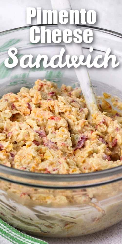 Pimento cheese mixture in a bowl with text