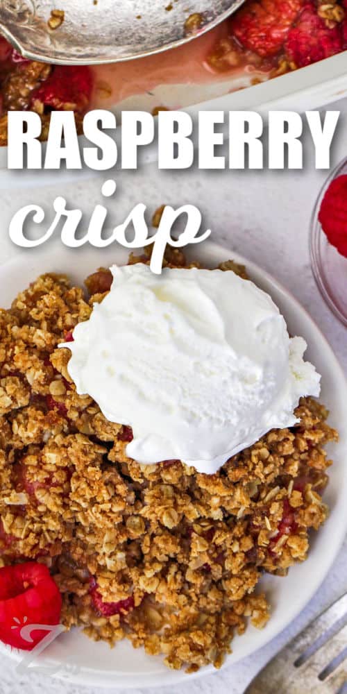 raspberry crisp with a scoop of vanilla ice cream on top, with a title