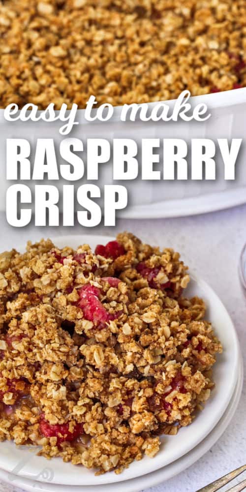 a serving of raspberry crisp on a small white plate, with raspberry crisp in the background, with a title