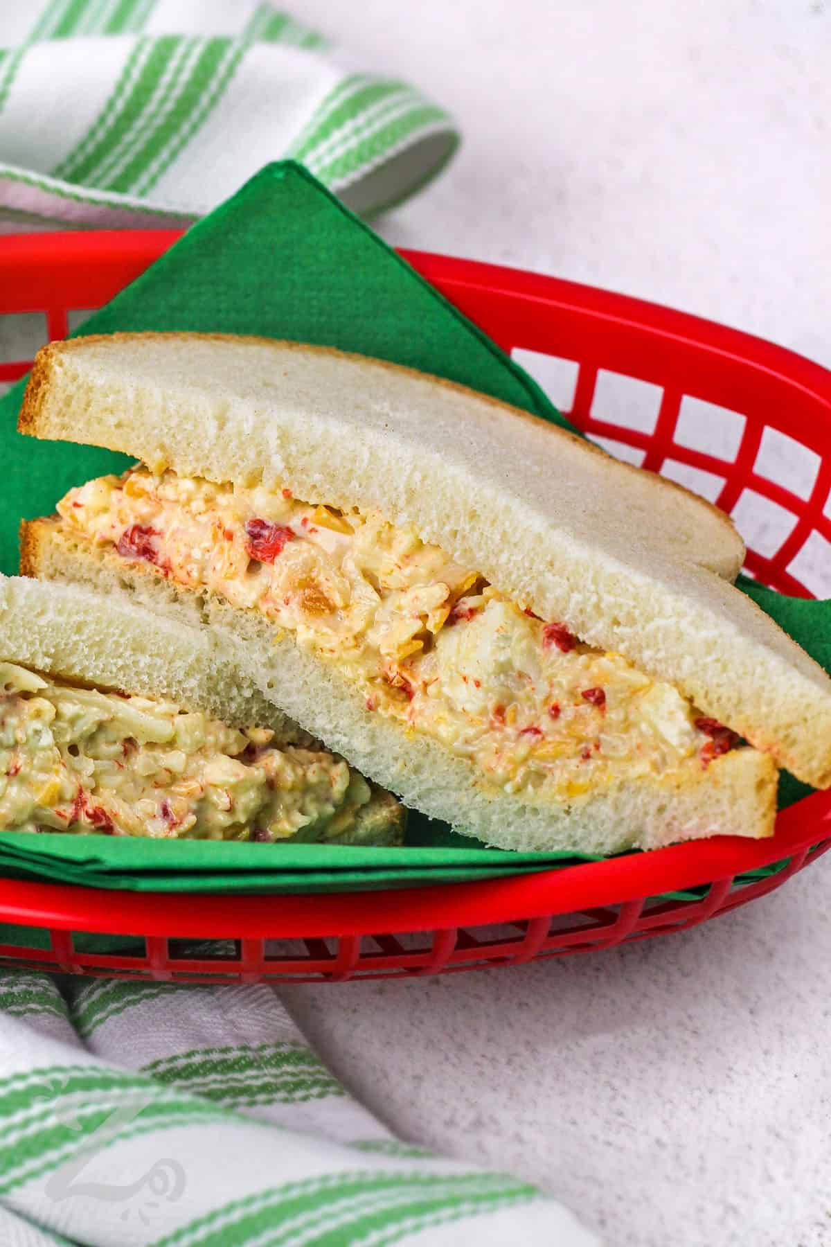 Pimento cheese sandwich prepared in a basket