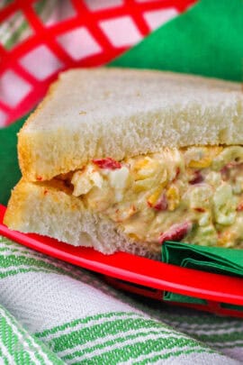 A pimento cheese sandwich half in a serving basket