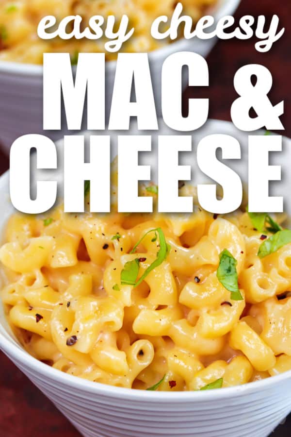 close up of Creamy Mac and Cheese in a bowl with writing