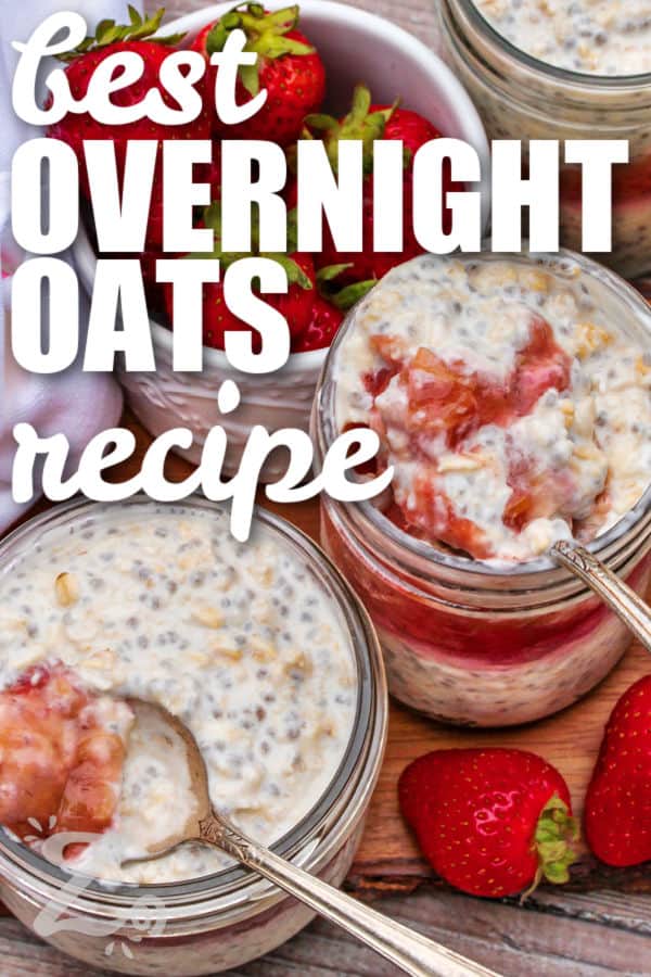 jars of Overnight Oats and a bowl of strawberries with writing