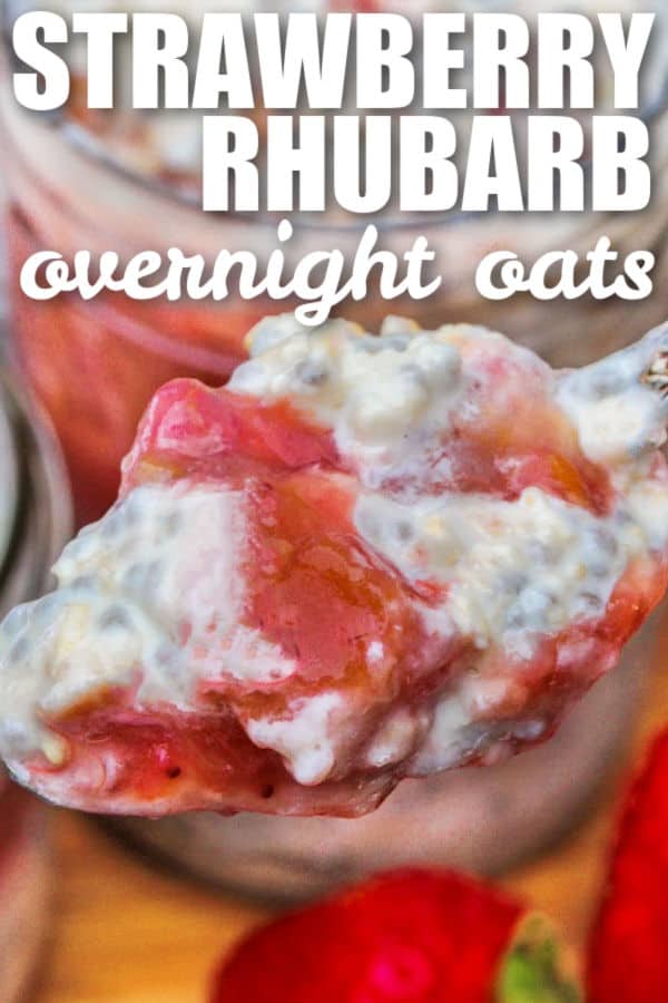 spoon of strawberry rhubarb Overnight Oats with a title