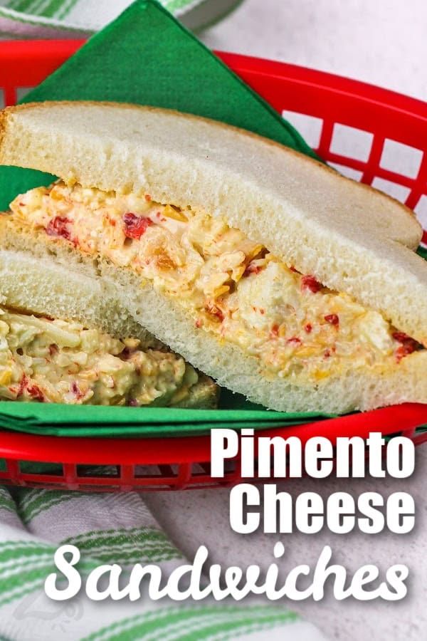 A pimento cheese sandwich with text