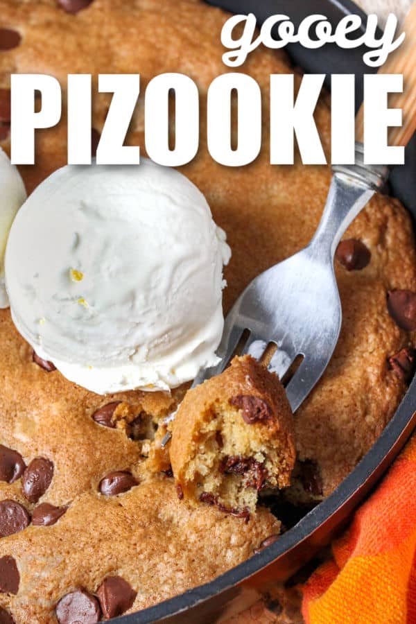 gooey Pizookie in the pan with ice cream