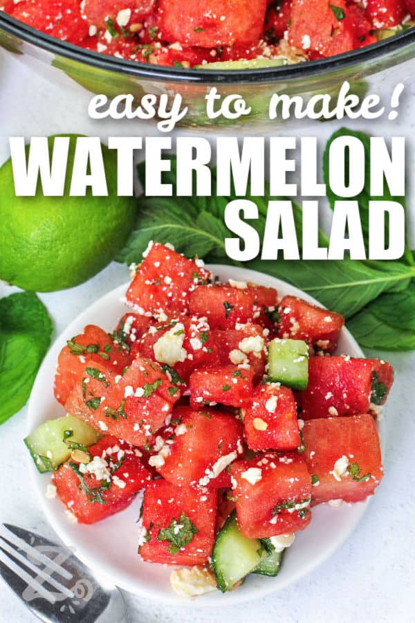 easy to make Watermelon Salad on a plate and in a bowl with writing