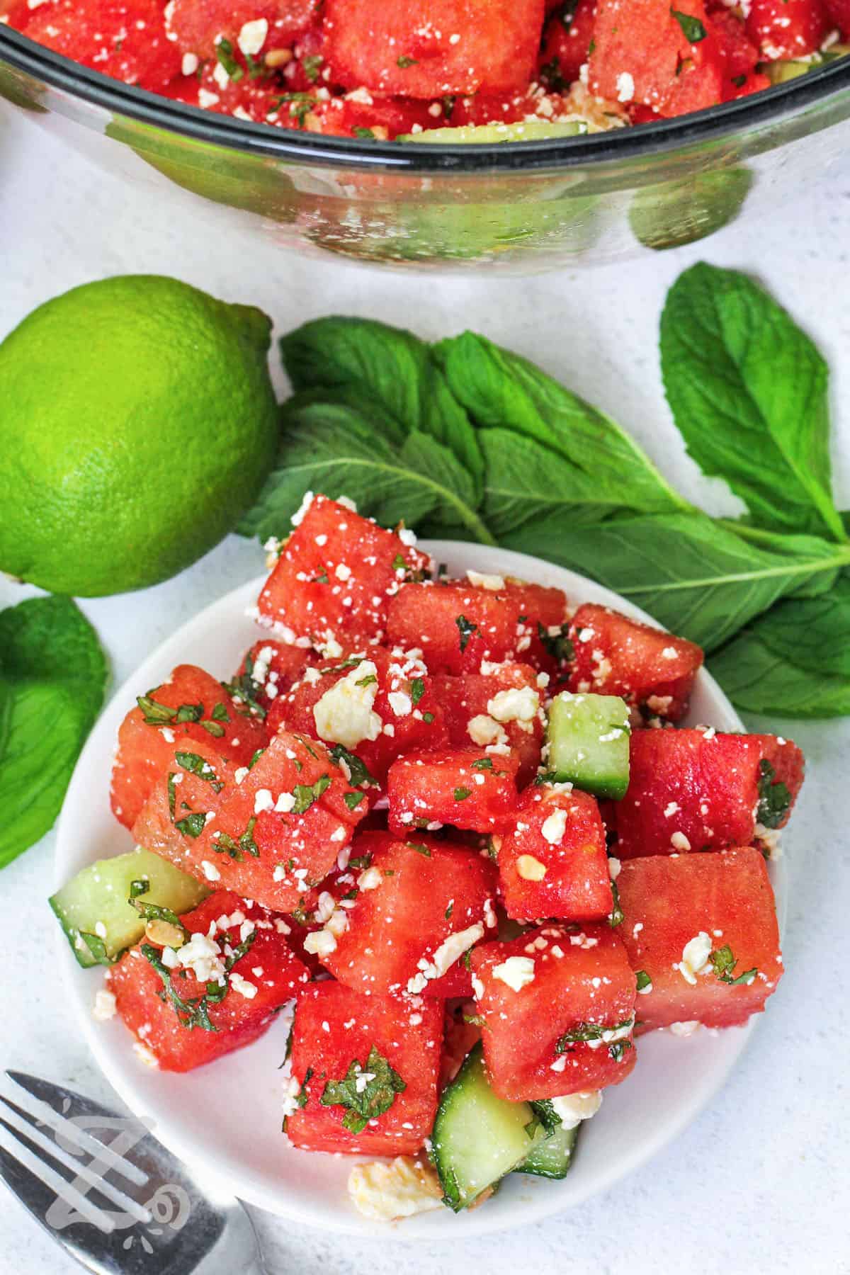 Watermelon Salad with cucumber on a plate