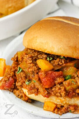 close up of Manwich Sloppy Joes sandwich on a plate