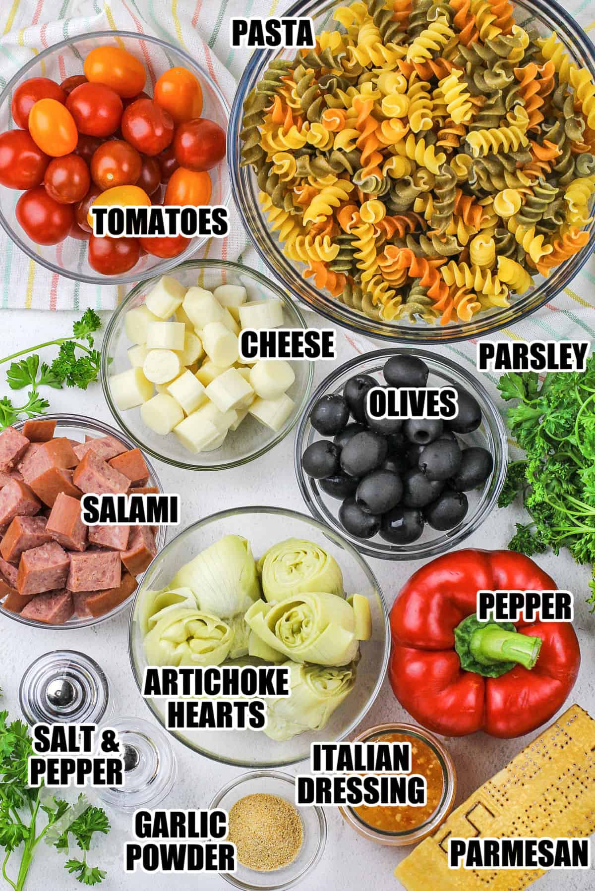 pasta , tomatoes , cheese , parsley , olives , salami , artichoke hearts , pepper , italian dressing, parmesan , garlic powder , salt and pepper with labels to make Italian Pasta Salad