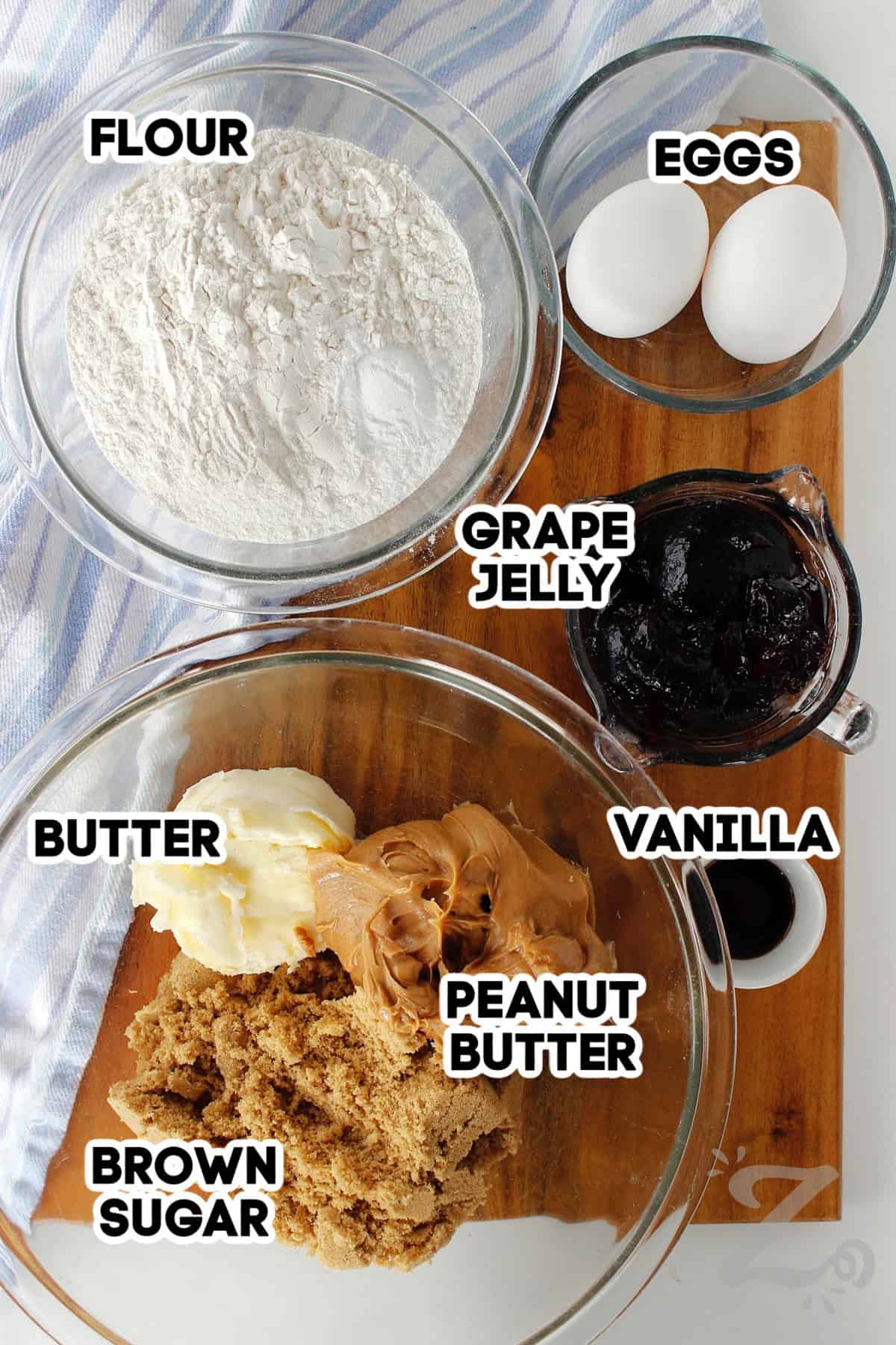 flour, eggs, grape jelly, vanilla, peanut butter, brown sugar, and butter to make peanut butter and jelly bars